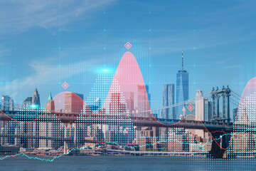 New York City skyline with data overlay against clear blue sky.