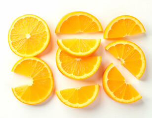 Sliced orange wedges on a white background