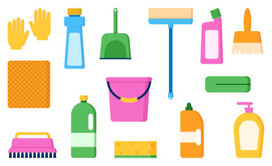 Set of cleaning products and cleaning equipment flat illustration clipart