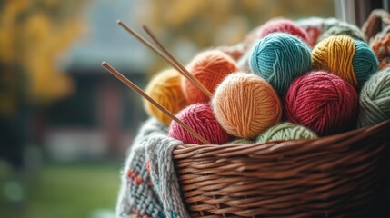 A basket full of colorful wool balls, knitting needles sticking out, ready for a cozy knitting session.