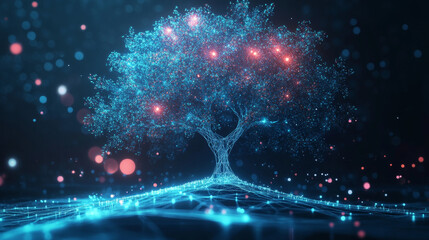 Digital biotechnology tree depicted in a futuristic polygonal style. Holographic plant concept suitable for biotechnology or bioengineering, featuring light effects and vibrant colors. Vector illustra