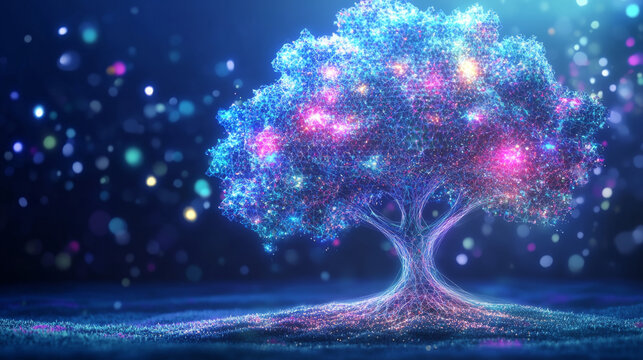 Digital biotechnology tree depicted in a futuristic polygonal style. Holographic plant concept suitable for biotechnology or bioengineering, featuring light effects and vibrant colors. Vector illustra