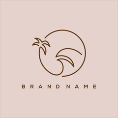 minimalist logo vacation line art palm and wave circle