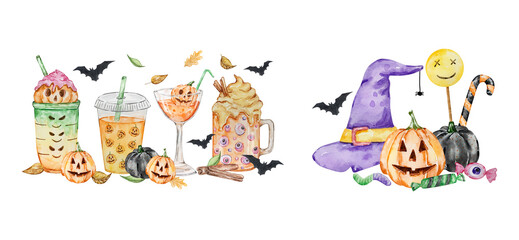 Watercolor Cute Halloween Drink set For Party Design