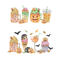 Watercolor Cute Halloween Drink set For Party Design