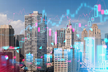 Chicago skyline with abstract financial data graphics overlay.