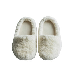 Cozy minimalist white fluffy bedroom slippers perfect for indoor relaxation at home PNG cutout isolated on white and transparent background.