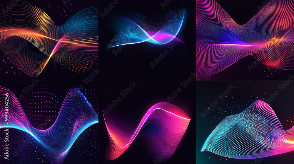 Poster grid of vector abstract graphic light patterns featuring digital frequency with curved wavy lines an