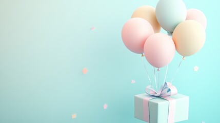 A bunch of pastel-colored balloons attached to a gift box, creating an enchanting birthday surprise.