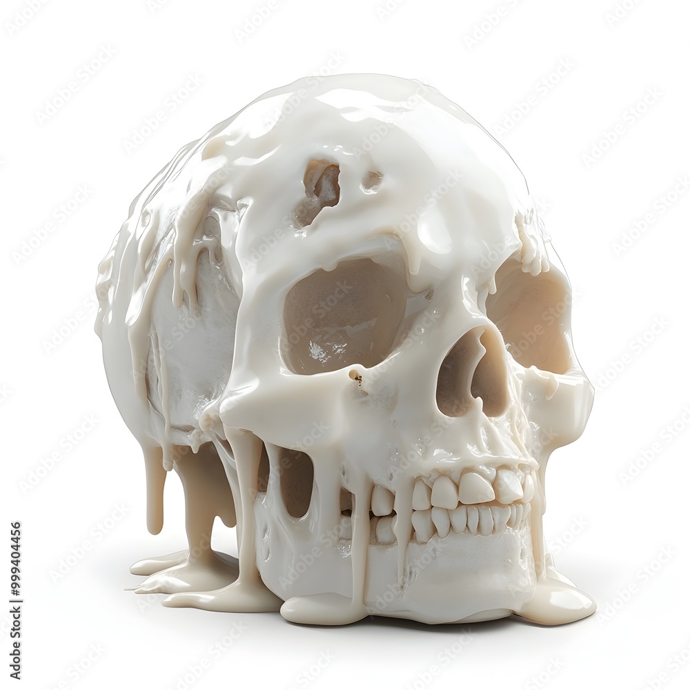 Poster grim and haunting 3d render of weathered skull with cascading candle wax on isolated white backgroun