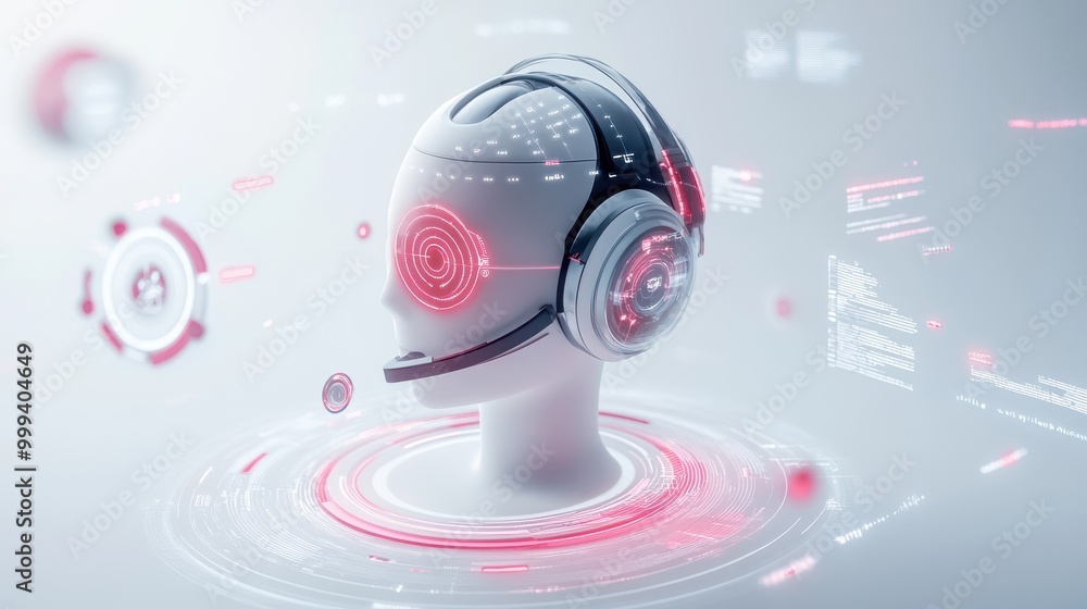 Poster a 3d virtual assistant on a white background, with data streams and holographic ai elements swirling