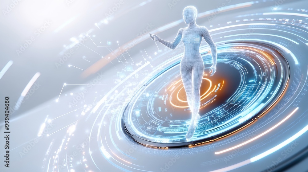 Poster a 3d virtual assistant on a white background, with data streams and holographic ai elements swirling