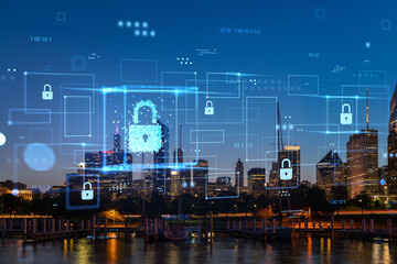 Cybersecurity concept over Chicago skyline at night.