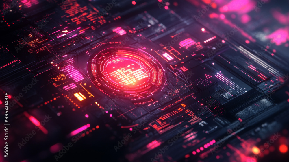 Poster abstract tech background featuring a futuristic technology interface, with geometric shapes and dyna