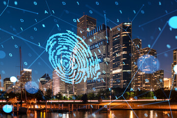Digital fingerprint over Chicago cityscape at night.