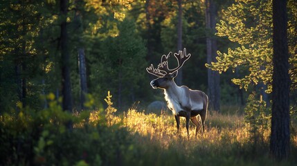 One reindeer pausing in the midst of a tranquil forest