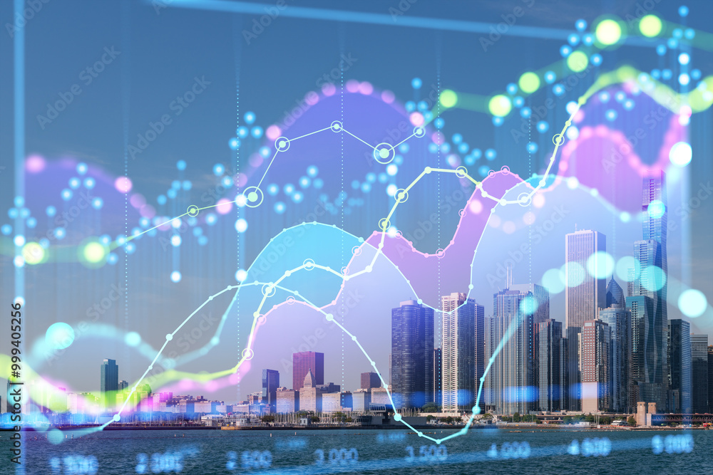 Aufkleber chicago skyline with overlapping financial graphs and data points.