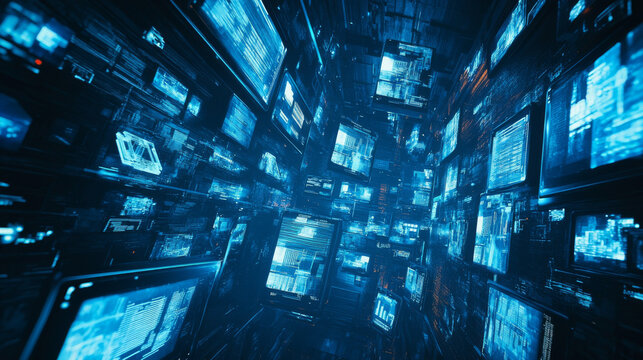 Create an illustration featuring multiple floating digital screens arranged in a dynamic, three-dimensional space.