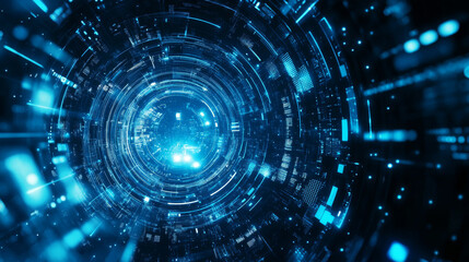 A futuristic technology background in deep blue hues, featuring technological elements set against a starry sky with a techno vibe. A conceptual backdrop that blends futuristic and technological theme