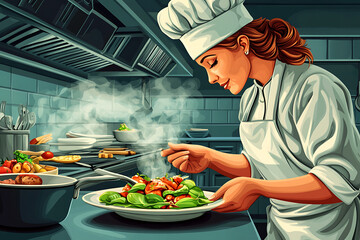 A chef garnishing a plate of fresh salad in a professional kitchen.