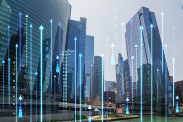 Chicago skyscrapers with digital growth indicators on a clear day.