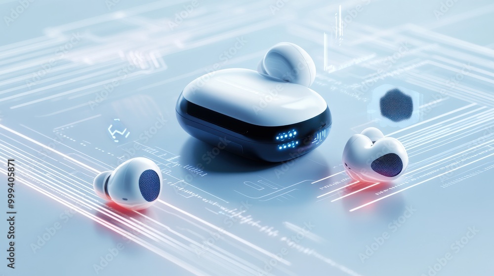 Poster a pair of wireless earbuds on a white background with soft digital waveforms and connectivity symbol