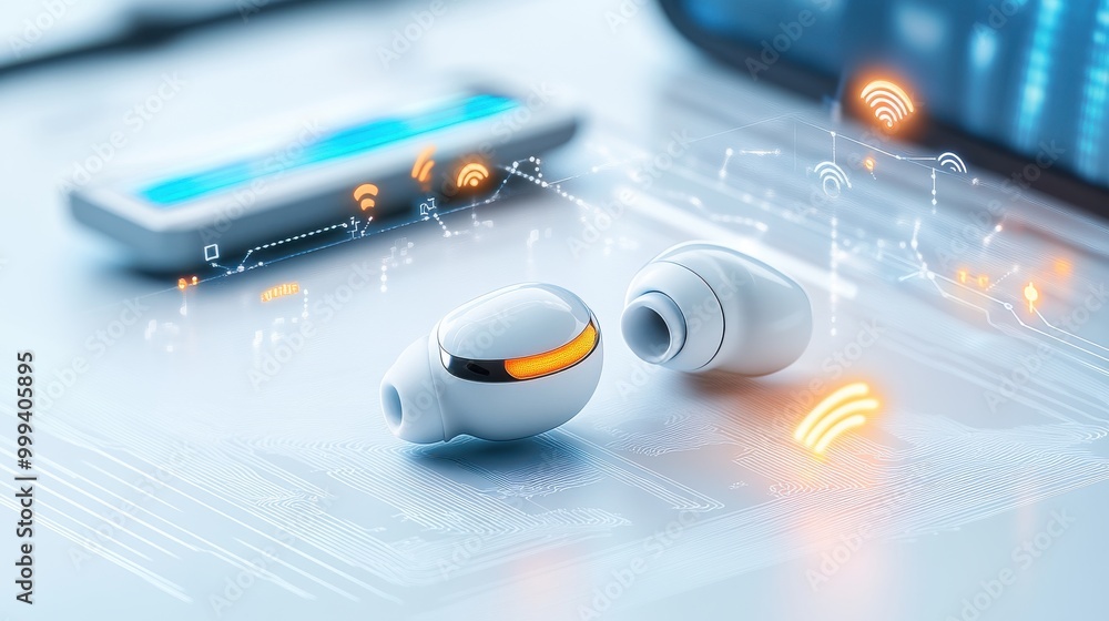 Poster a pair of wireless earbuds on a white background with soft digital waveforms and connectivity symbol
