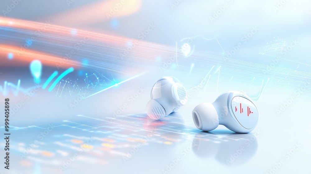 Poster a pair of wireless earbuds on a white background with soft digital waveforms and connectivity symbol