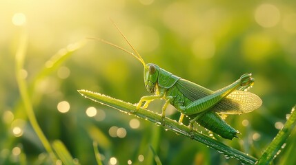 A close-up of a vibrant green grasshopper resting on a dewy blade of grass in the early morning sunlight.