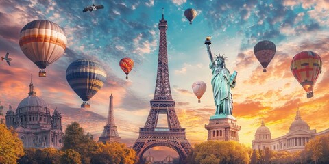 big country icons in one frame background, eiffel tower, statue of liberty, istanbul, hot air balloon. world tour concept photo