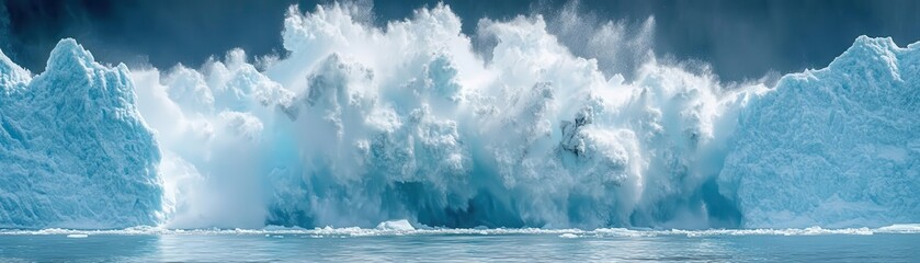 A stunning display of nature's power as a glacier calving creates a magnificent splash of blue water against the serene backdrop.