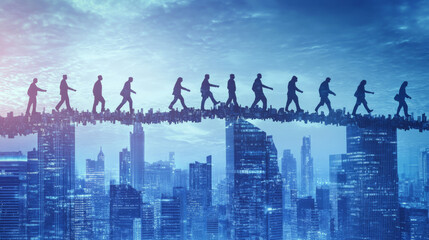 Various Photo Collections on Employment Hiring Across Different Jobs and Work Ethics: Title Concept, Teamwork, Team Trust Building, Innovation, Idea Planning, and Problem Solving. City Blue Background