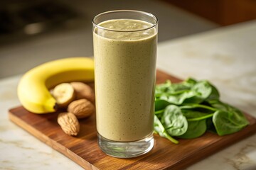 A healthy green smoothie made with spinach, banana, and nuts, served in a tall glass on a wooden cutting board.