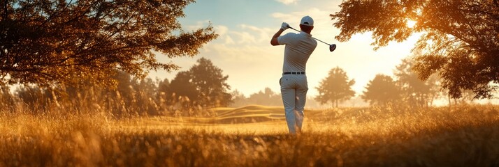 Golfer in Motion, golfer mid-swing, dynamic posture, blurred background of course and trees, vibrant greens, sense of action and focus