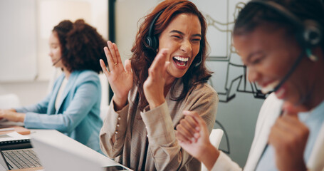 Group of people, business and celebration in call center, office and company for success or...