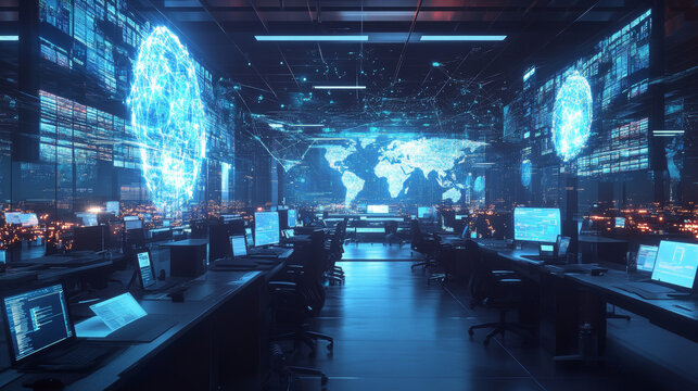 Futuristic Office and Global Communication Network Concept: Wide-Angle Visual for Banners or Advertisements.


