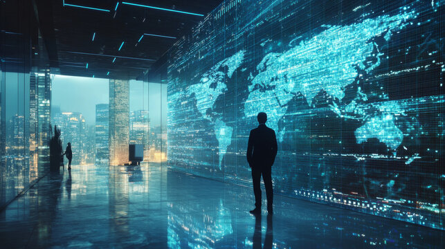 Futuristic Office and Global Communication Network Concept: Wide-Angle Visual for Banners or Advertisements.


