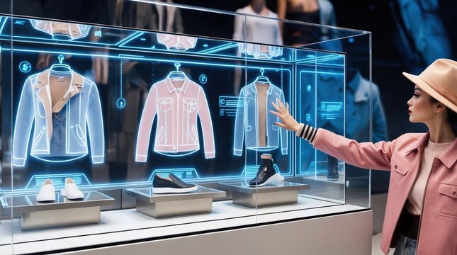 In a vibrant and high-tech retail environment, a stylish shopper engages with a digital showcase featuring trendy clothing and shoes, highlighting fashion innovation