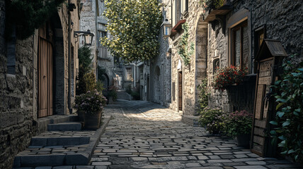 Charming cobblestone street lined with quaint buildings and vibrant plants in a historical village