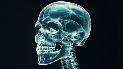 Head x-ray image, detailed skull bones and jaw, 3D illustration