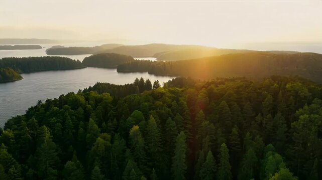 captivating aerial drone footage captures breathtaking forests and lakes silhouette lands serene view provides glimpse beautiful green woods tranquil waters