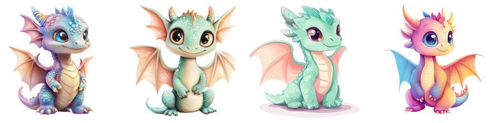 Fototapeta premium Adorable Fantasy Dragons Cute Cartoon Mythical Creatures in Colorful Whimsical Designs Playful child like of baby dragons with wings scales and antlers in a variety of vibrant imaginative styles