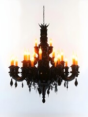 Haunting Neo Gothic Chandelier with Glowing Candles Isolated on a Pristine White Backdrop