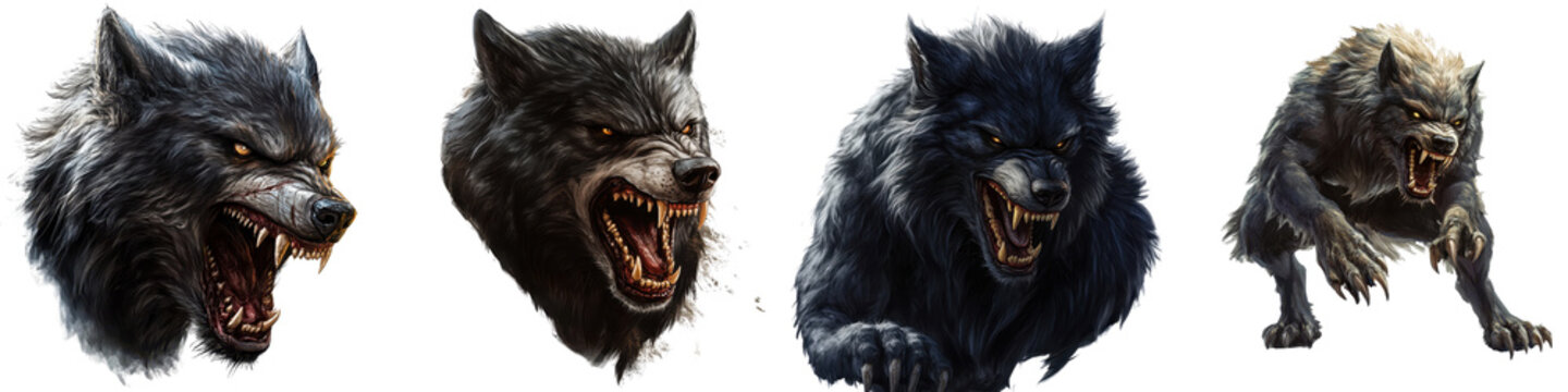 Fierce and Ferocious Werewolves with Bared Fangs and Glaring Eyes Emerging from the Shadows in a Dark Supernatural Setting Evoking a Sense of Horror and Primal Danger