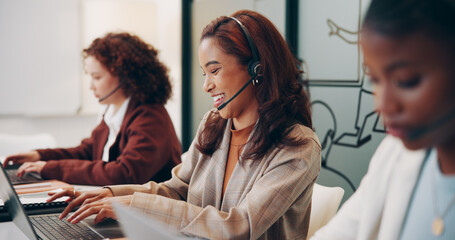Call center, laptop and woman with laugh, support and customer service email. Headset,...