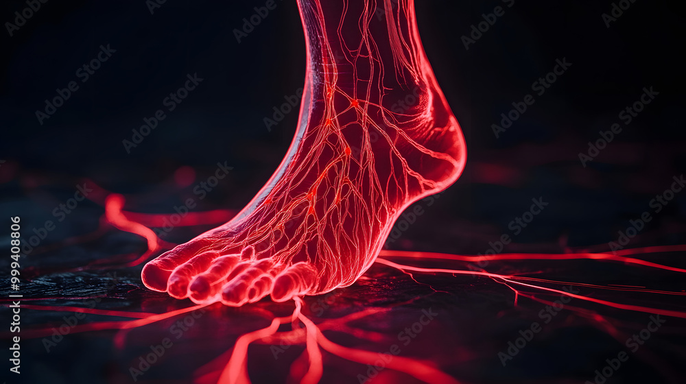 Poster glowing red nerve lines spreading from feet on dark gradient background symbolizing diabetic neuropa