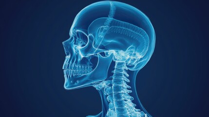 Human skull x-ray with neck vertebrae, clinical view, 3D illustration
