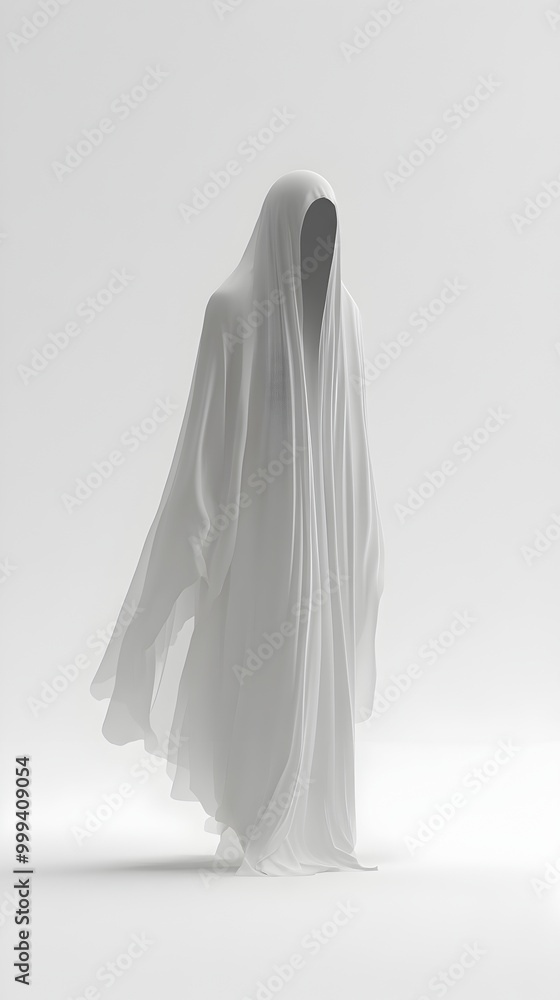 Poster haunting spectral entity emitting otherworldly luminescence in minimal white studio