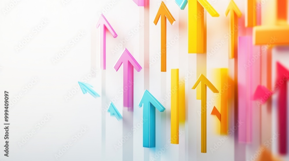 Poster colorful animated arrows moving and shifting over a clean white background, representing dynamic flo