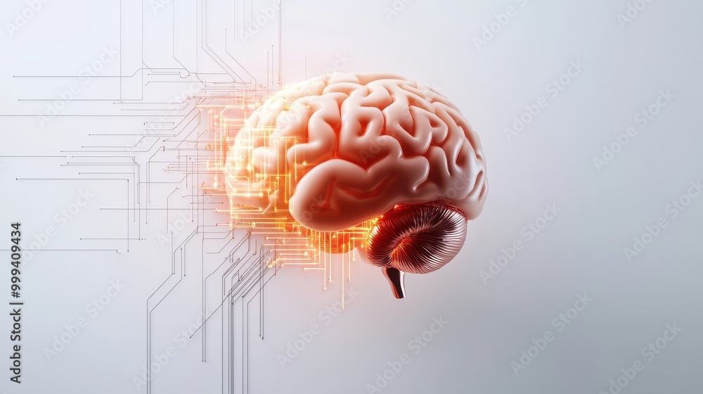 Poster digital human brain overlaid on a white background, with ai neural network patterns forming around i